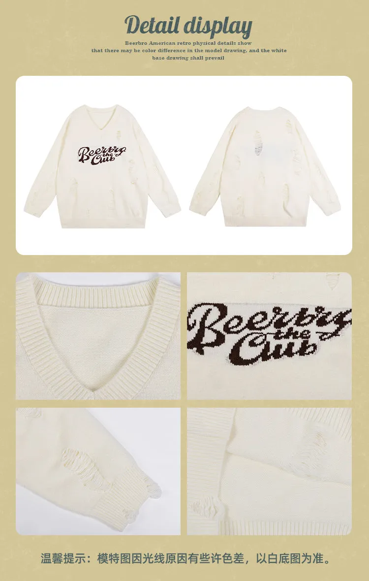 Beerbro the Club Letter Print Long Sleeve Knitted Sweater