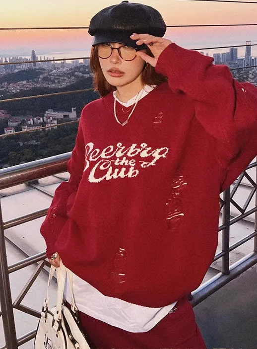 Beerbro the Club Letter Print Long Sleeve Knitted Sweater