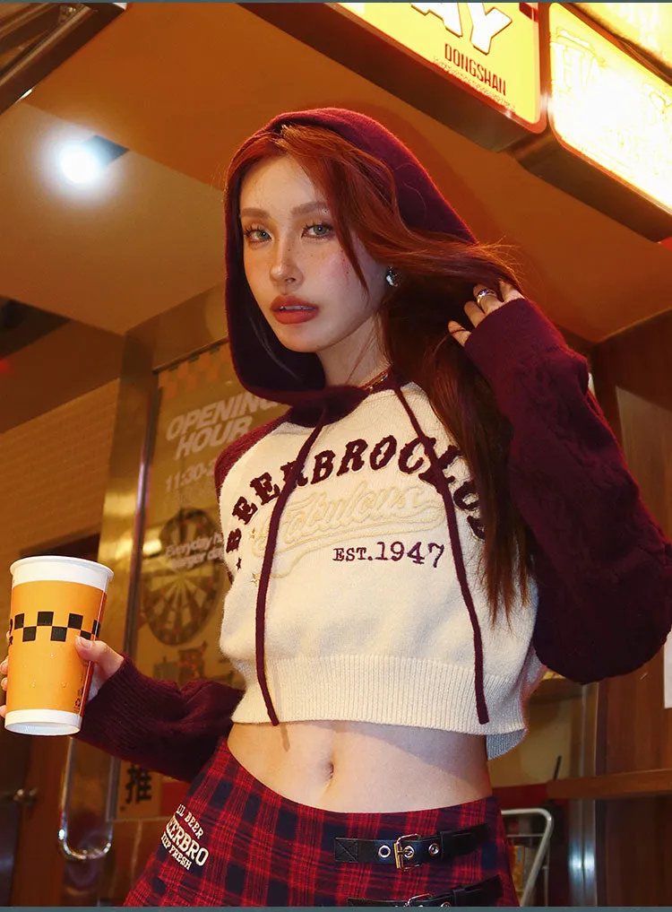 BEERBROCLUB Letter Embroidery Long Sleeve Cropped Sweater Hoodie