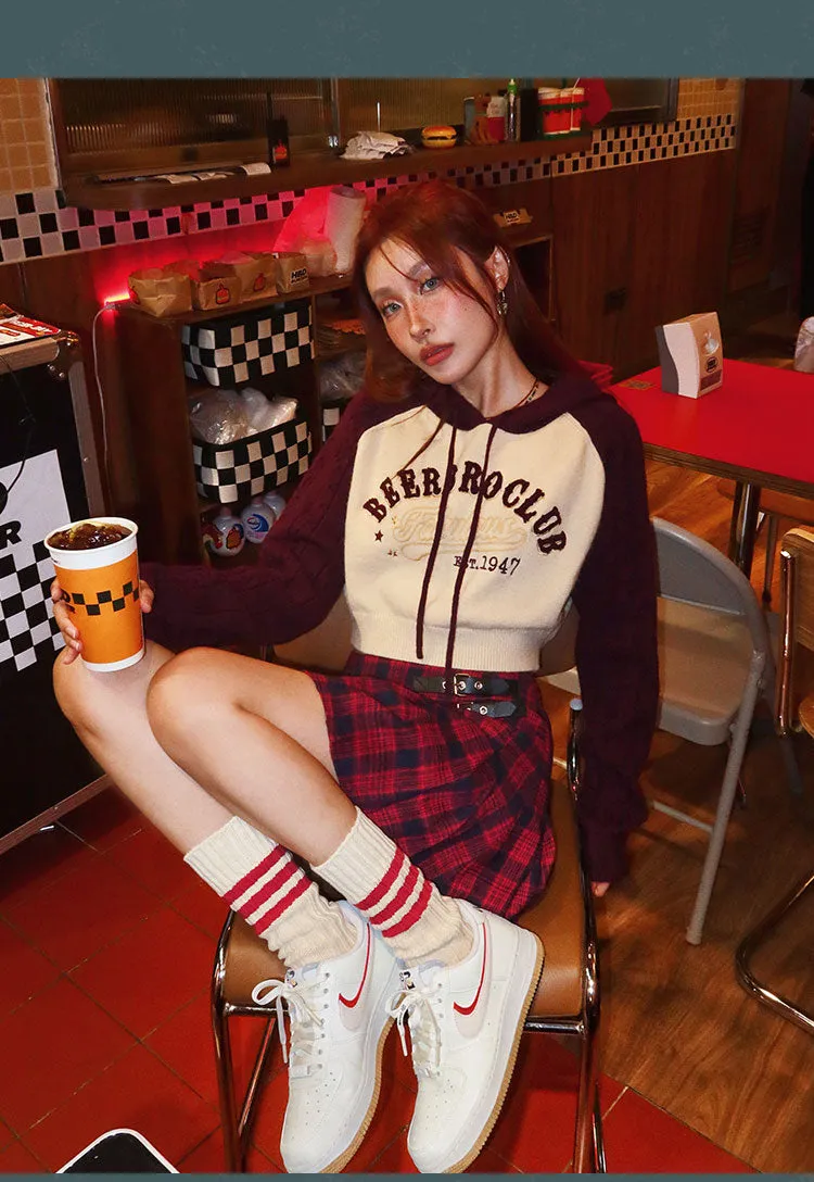 BEERBROCLUB Letter Embroidery Long Sleeve Cropped Sweater Hoodie