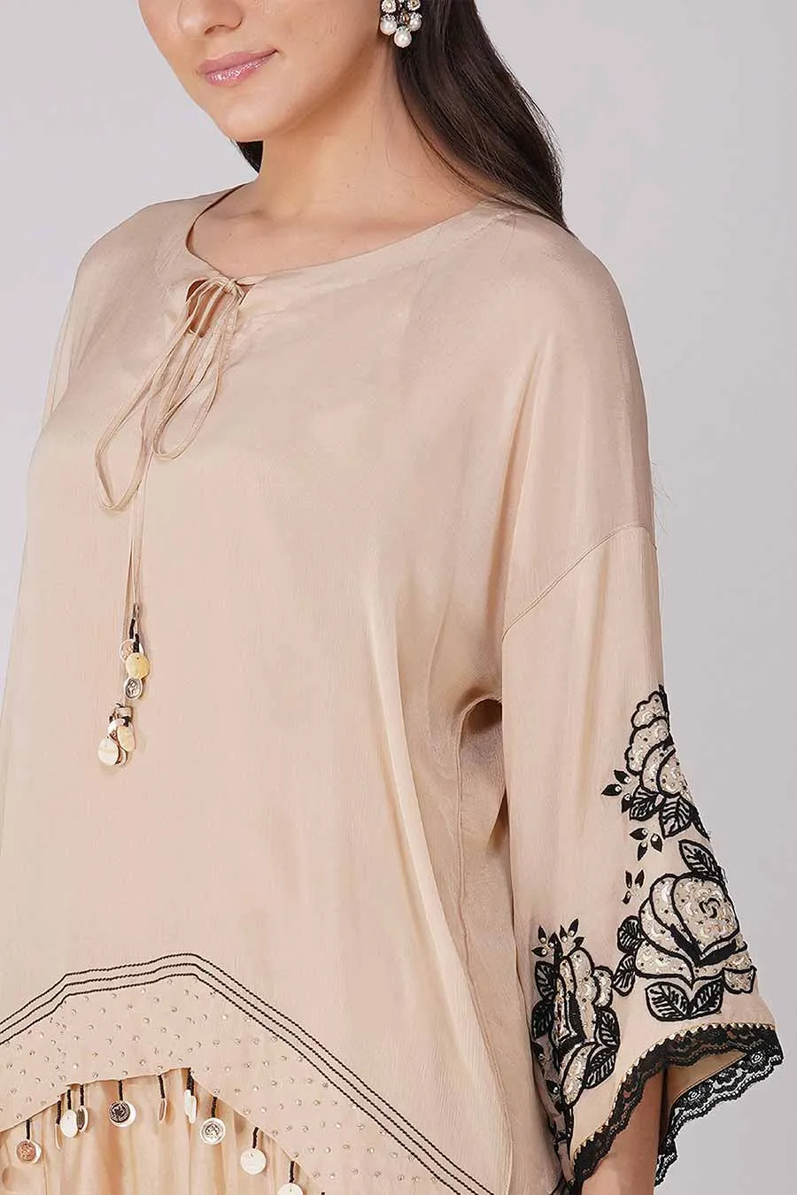 Beige Embroidered Asymmetric Cape Set