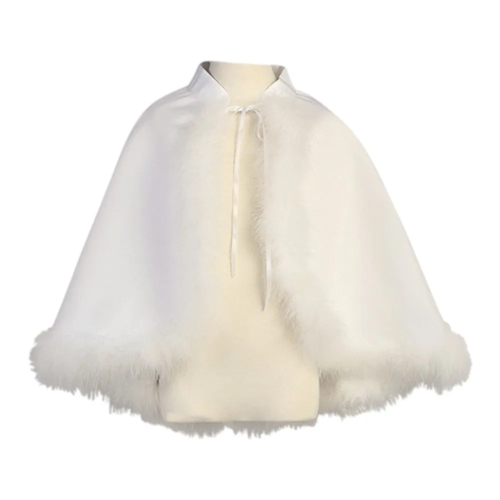 Big Girls White Satin Marabou Special Occasion Cape 7-14