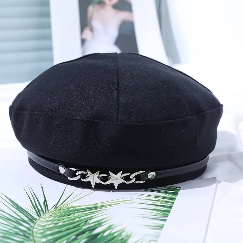 Black Art Cap Outdoor Beret Women Autumn Winter Fashion Retro Metal Painter Hat