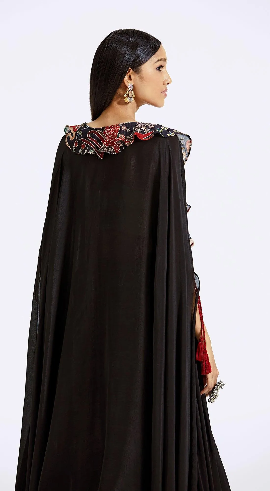 Black Cape Set with Applique Embroidery