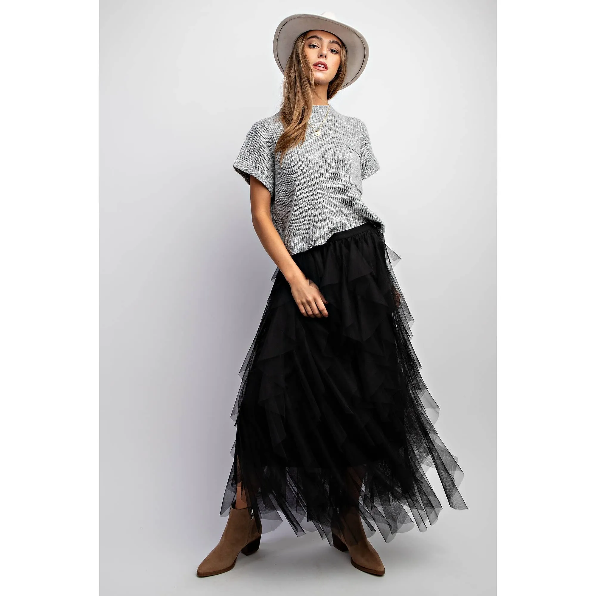 Black Cascading Tulle Mesh Layered Maxi Skirt at Bourbon Cowgirl