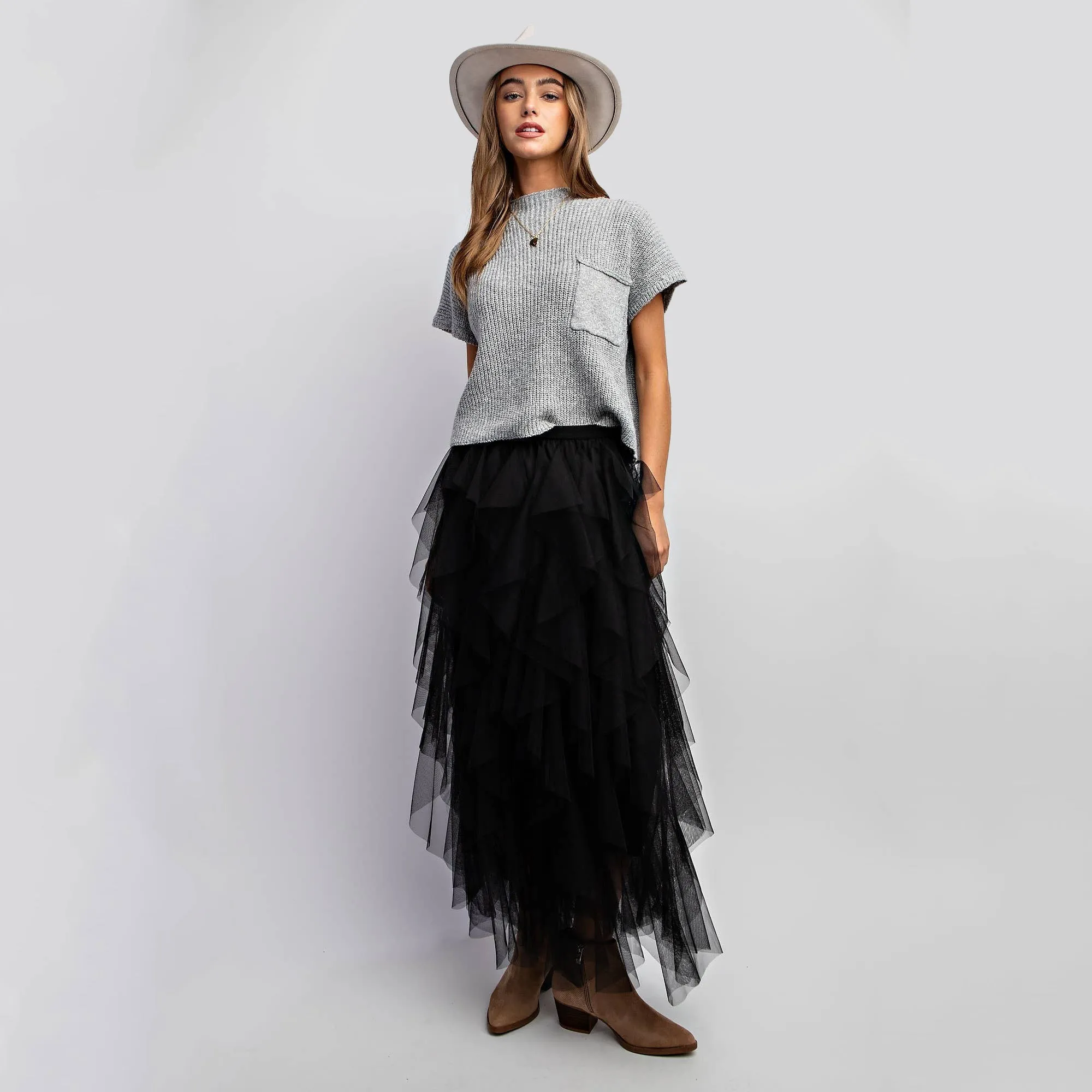 Black Cascading Tulle Mesh Layered Maxi Skirt at Bourbon Cowgirl