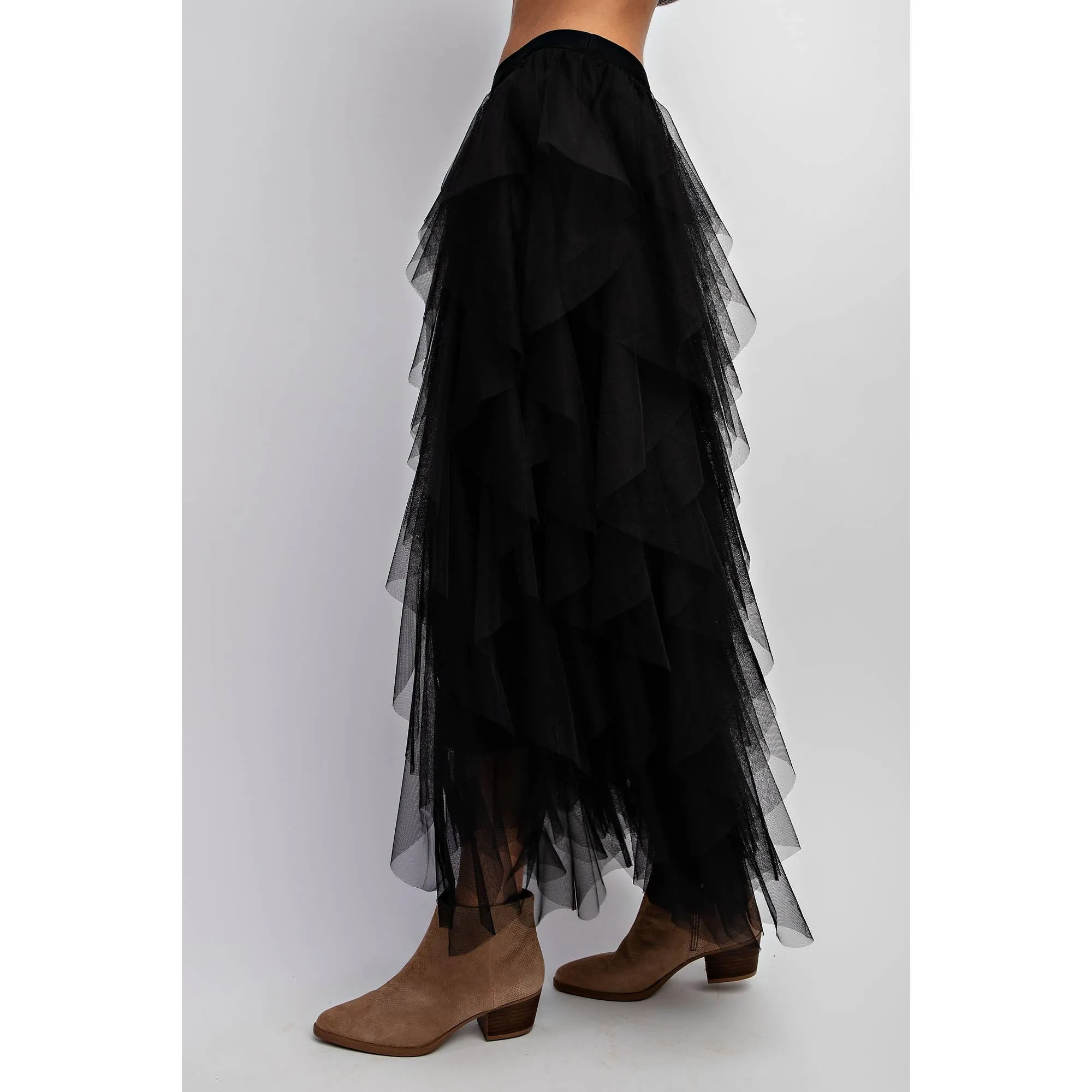 Black Cascading Tulle Mesh Layered Maxi Skirt at Bourbon Cowgirl