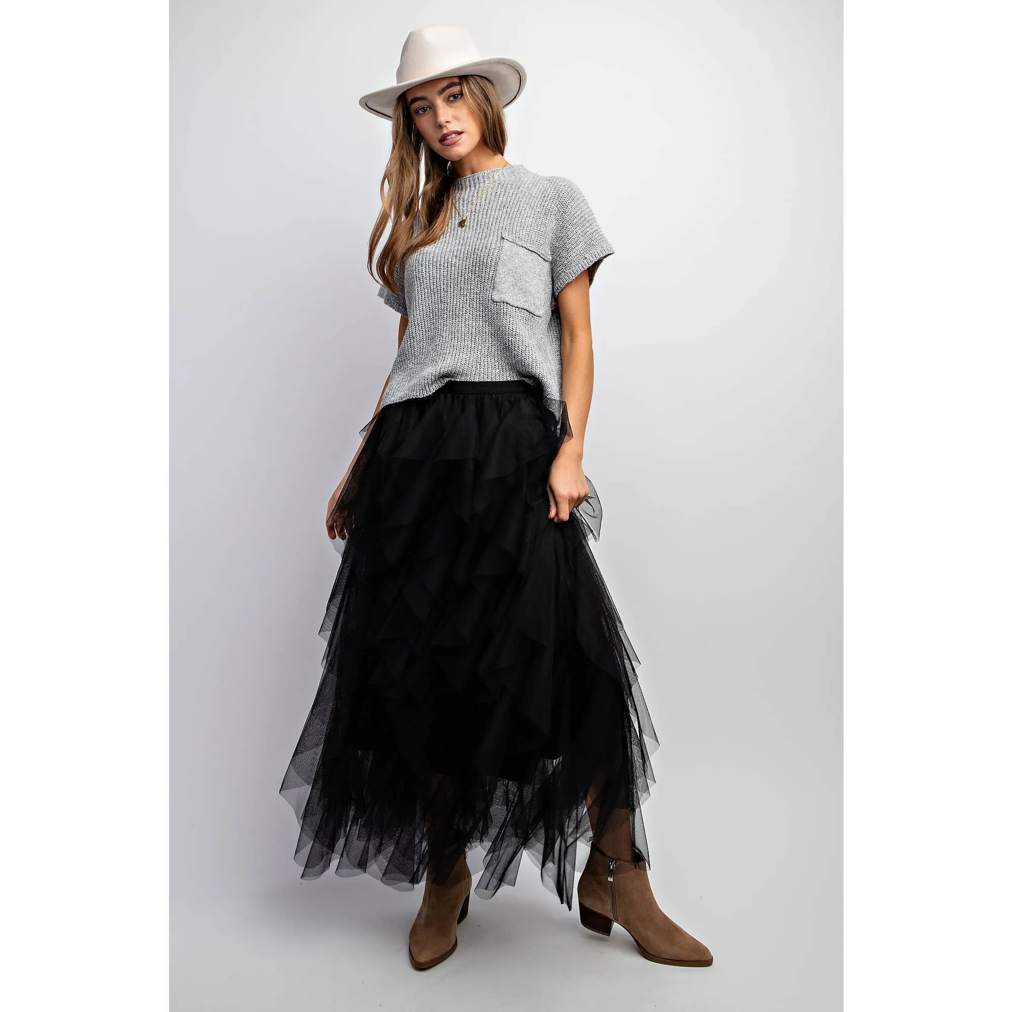 Black Cascading Tulle Mesh Layered Maxi Skirt at Bourbon Cowgirl