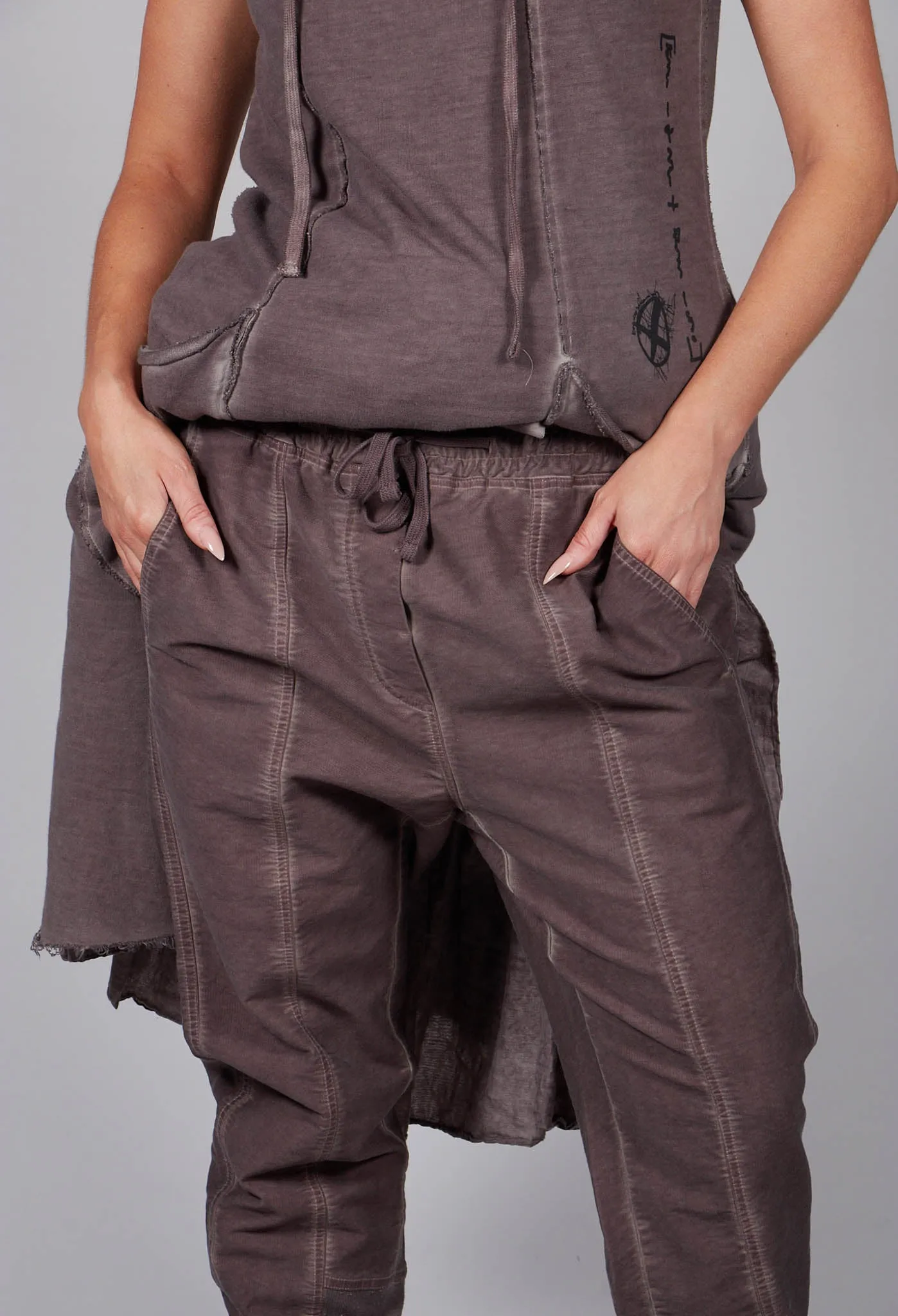 Black Cotton Trousers with Elasticated Waist in Taupe Cloud