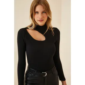 Black Cut Out Detailed Ribbed Knitted Blouse