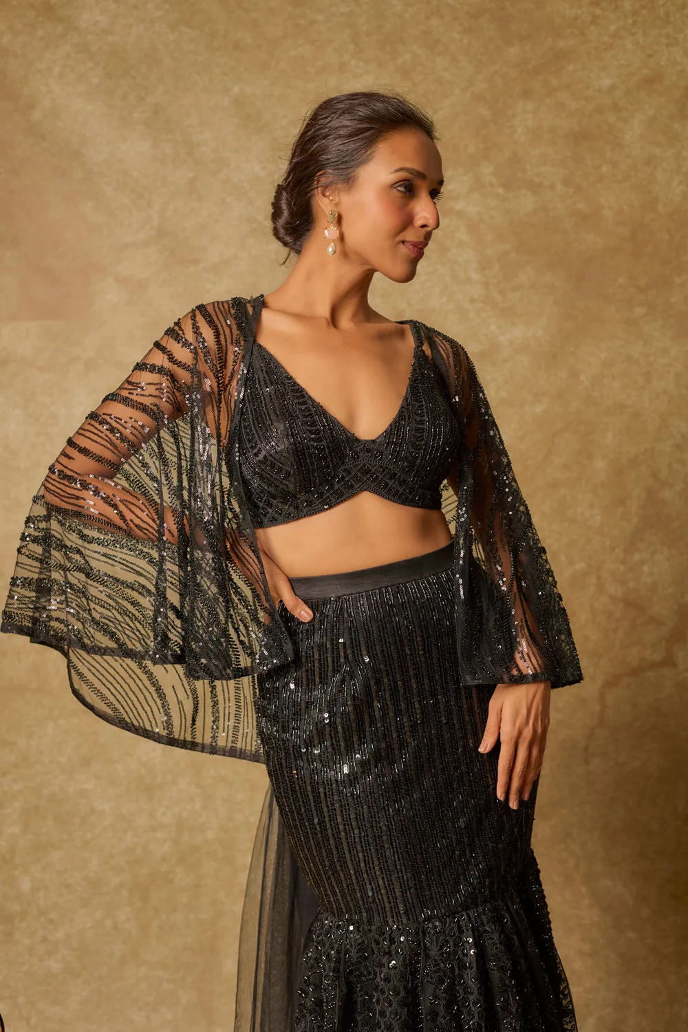 Black Embroidered Mermaid Skirt Dupatta And Blouse