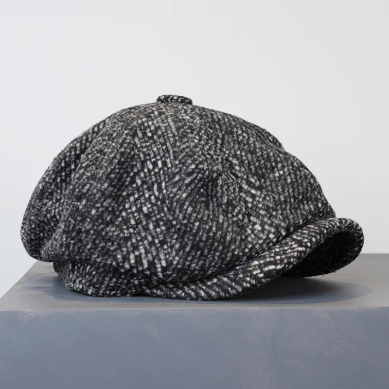 Black Fleck Tweed Newsboy Octagonal Beret Cap