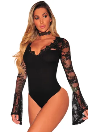 Black Lace Bell Sleeves Bodysuit