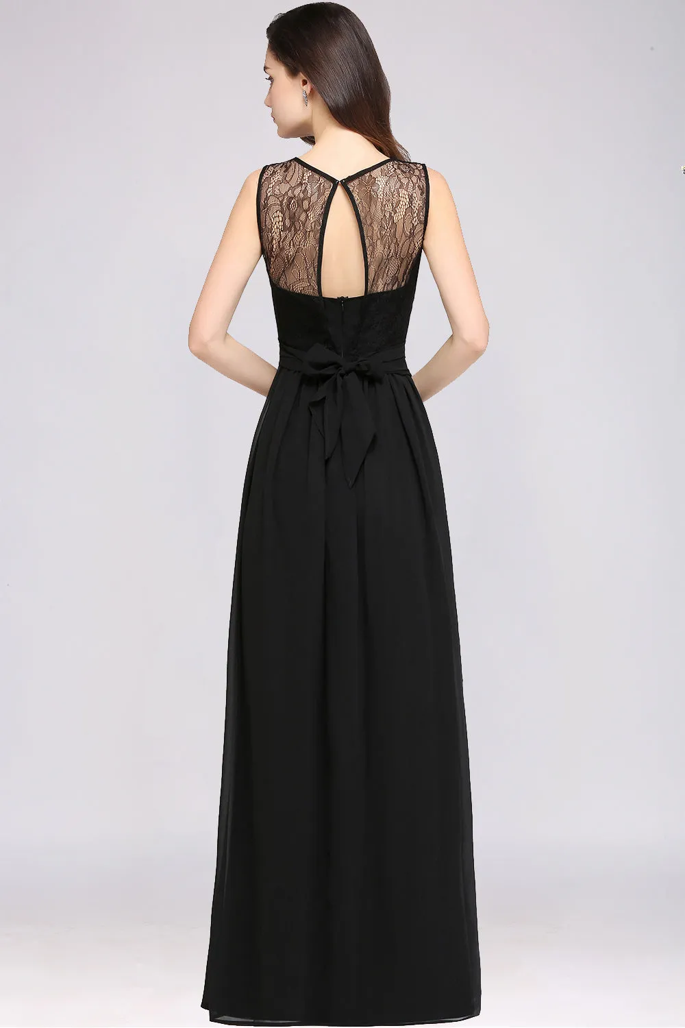 Black Long A-Line Chiffon Lace Jewel Sleeveless Bridesmaid Dresses