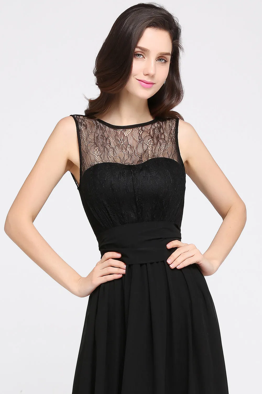 Black Long A-Line Chiffon Lace Jewel Sleeveless Bridesmaid Dresses