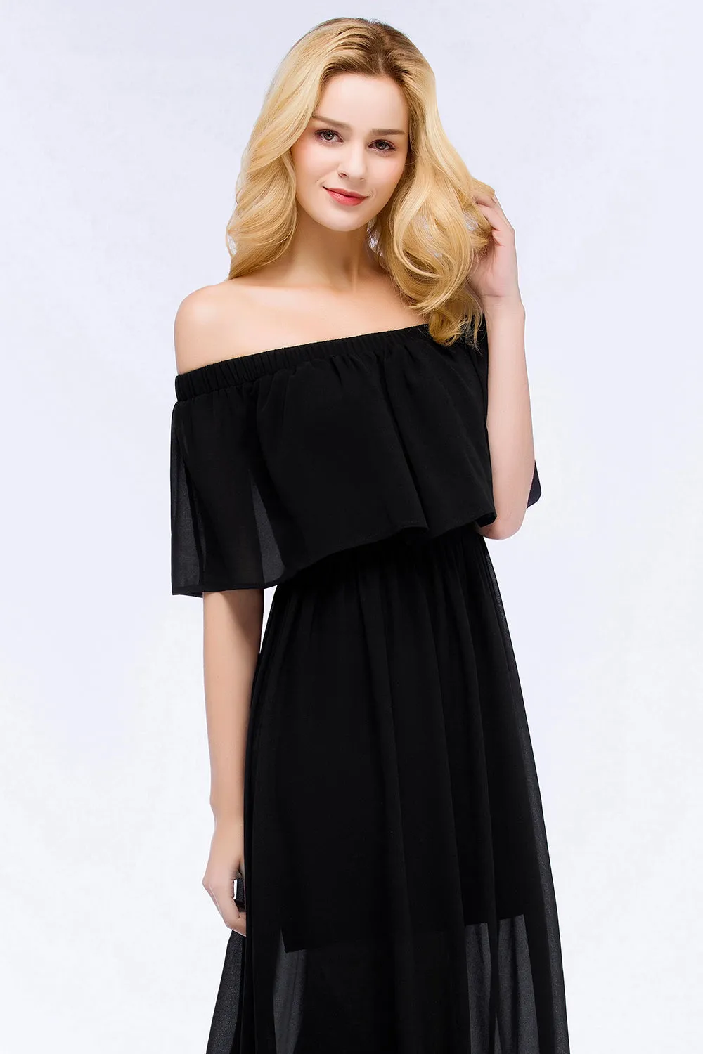 Black Long A-Line Chiffon Off-the-Shoulder Bridesmaid Dresses with Slit