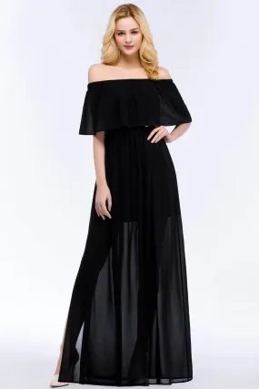 Black Long A-Line Chiffon Off-the-Shoulder Bridesmaid Dresses with Slit