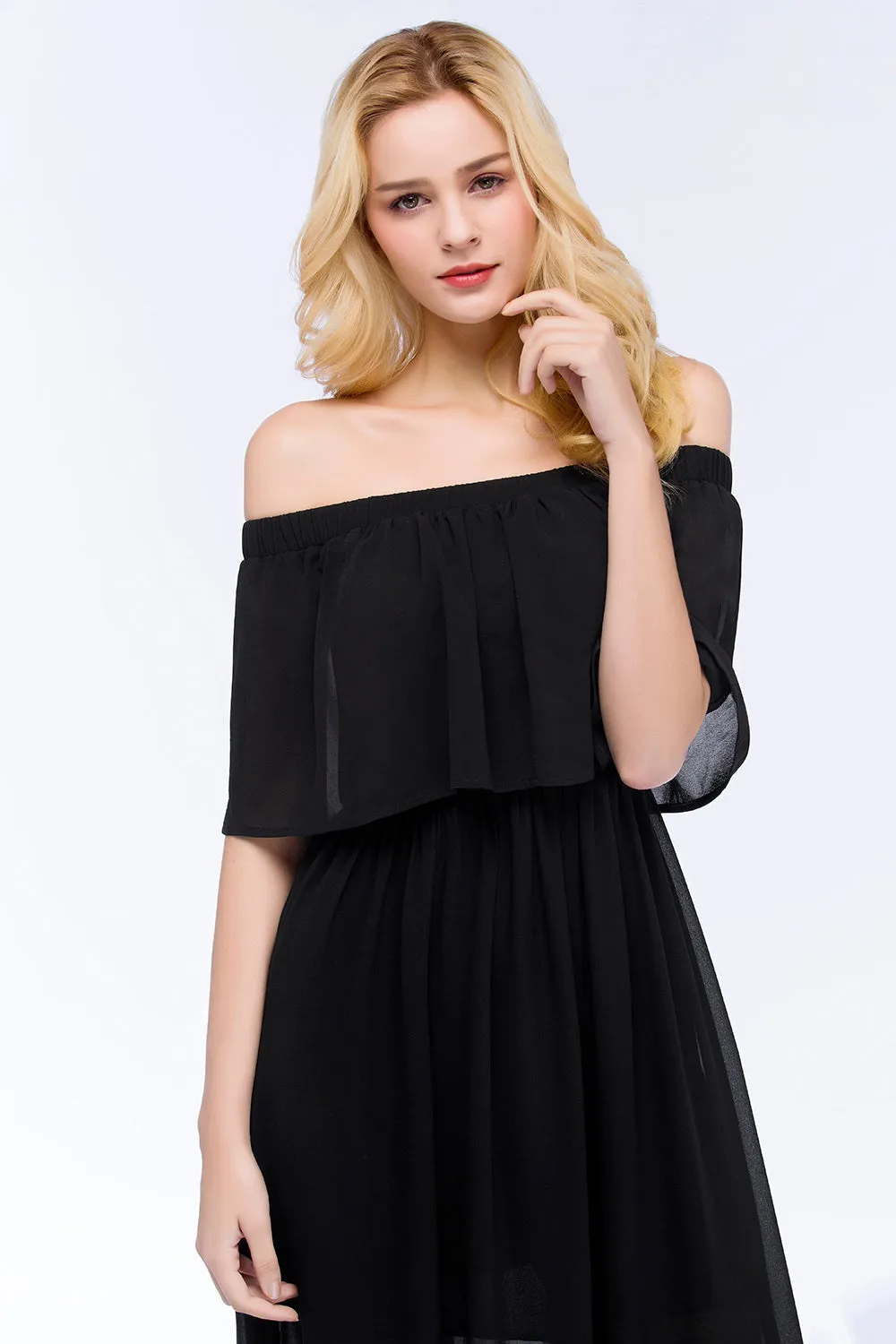 Black Long A-Line Chiffon Off-the-Shoulder Bridesmaid Dresses with Slit