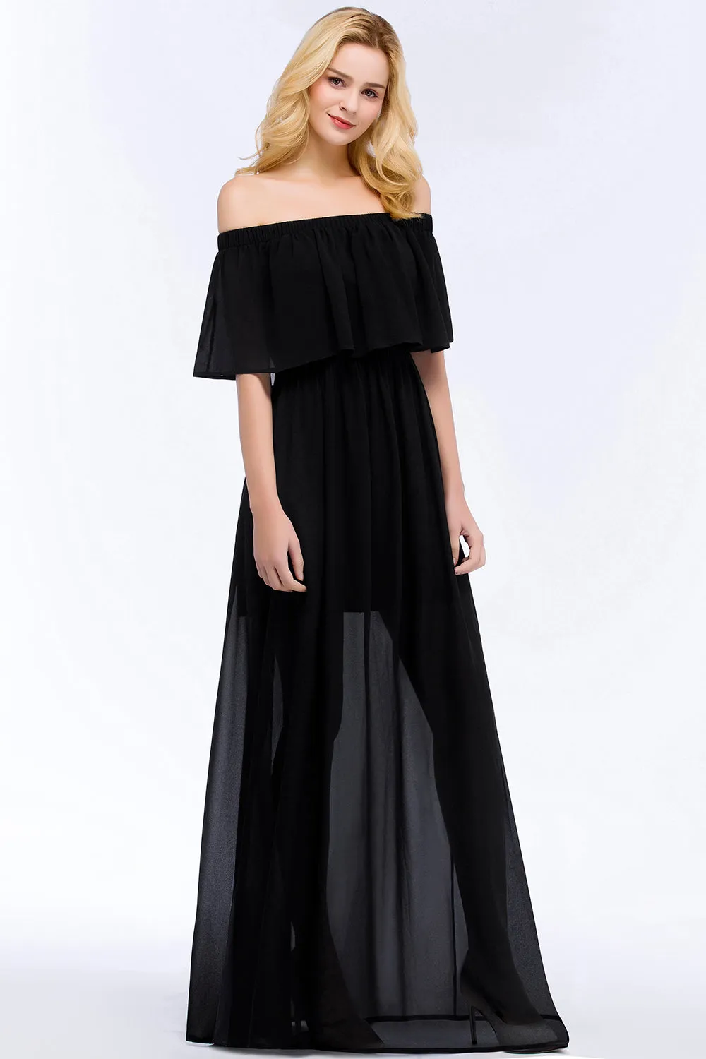 Black Long A-Line Chiffon Off-the-Shoulder Bridesmaid Dresses with Slit