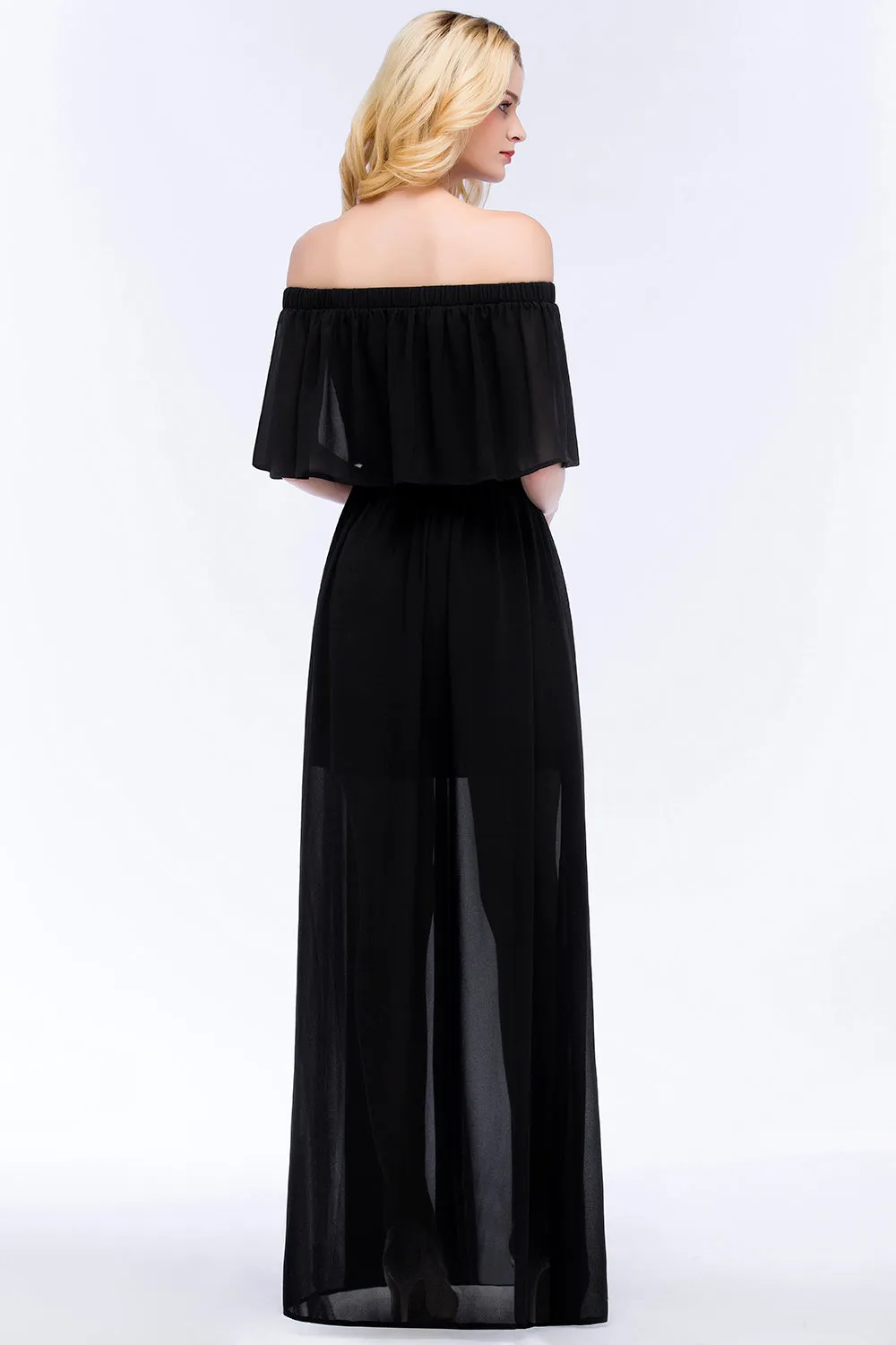 Black Long A-Line Chiffon Off-the-Shoulder Bridesmaid Dresses with Slit