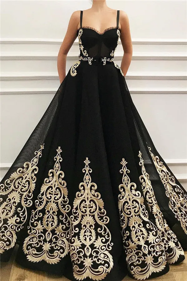 Black Long A-line Sweetheart Tulle Black Prom Dress with Pockets