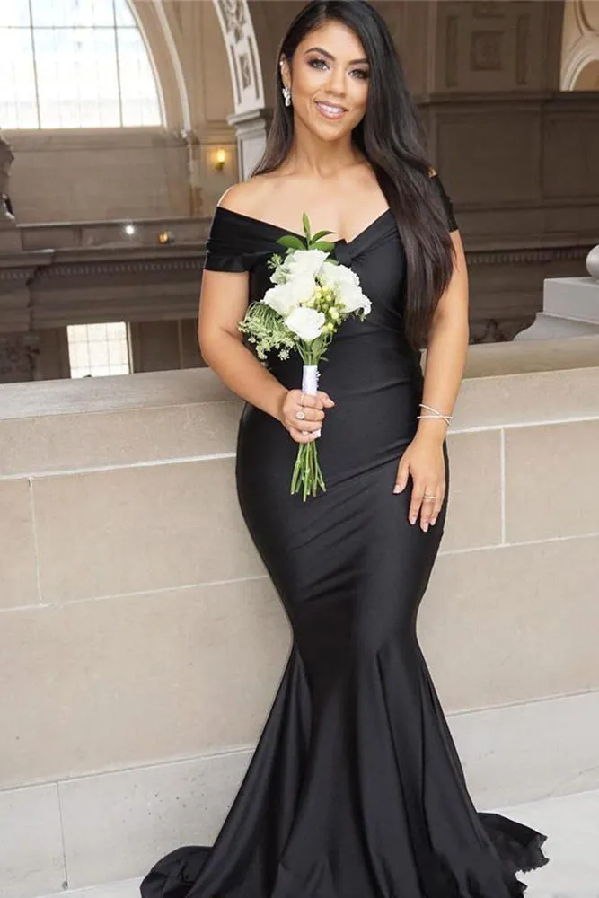 Black Long Mermaid Off-the-shoulder Backless Prom Dress