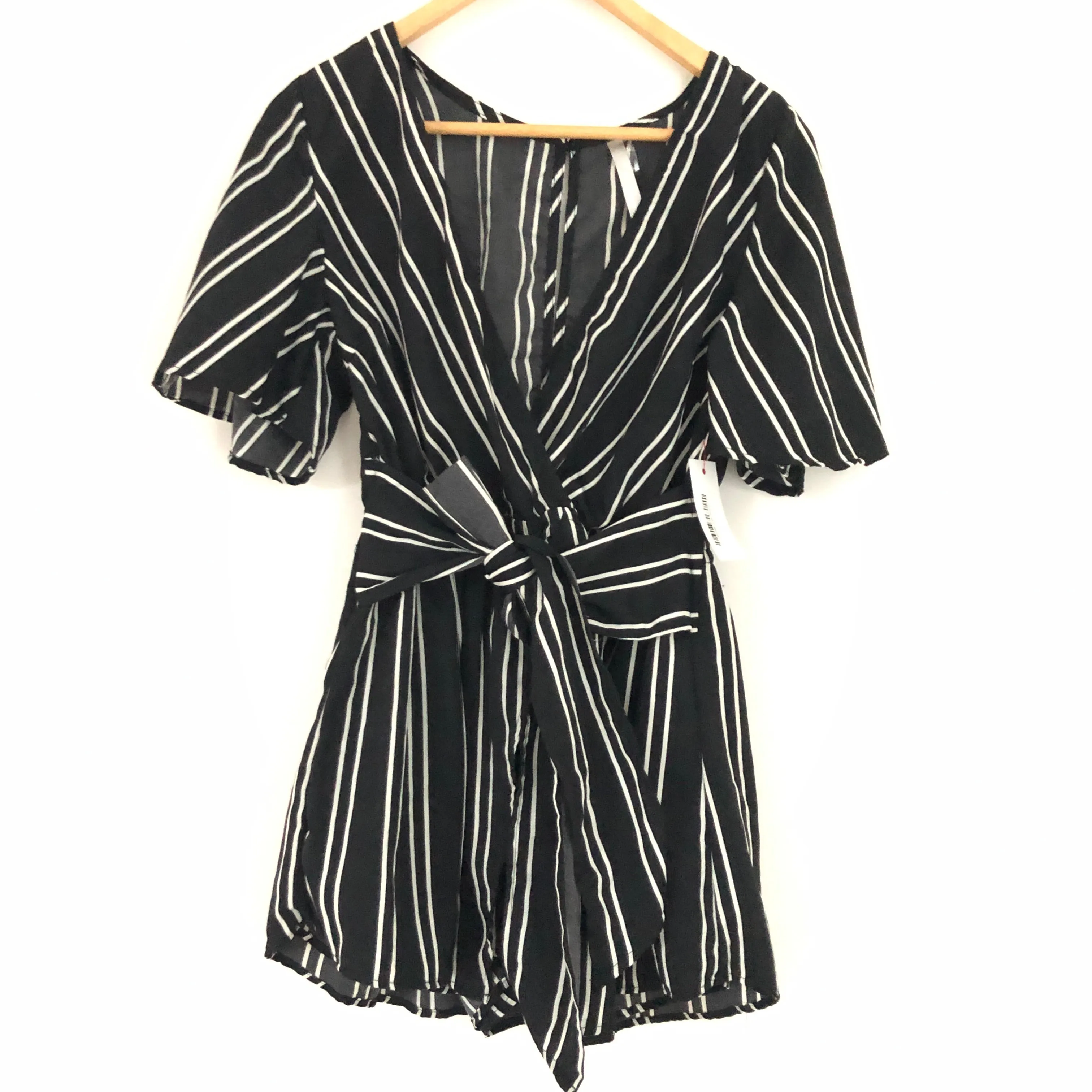 Black Striped Romper with Front Tie Sash and Wrapped Skirt over Shorts NWT - Size M