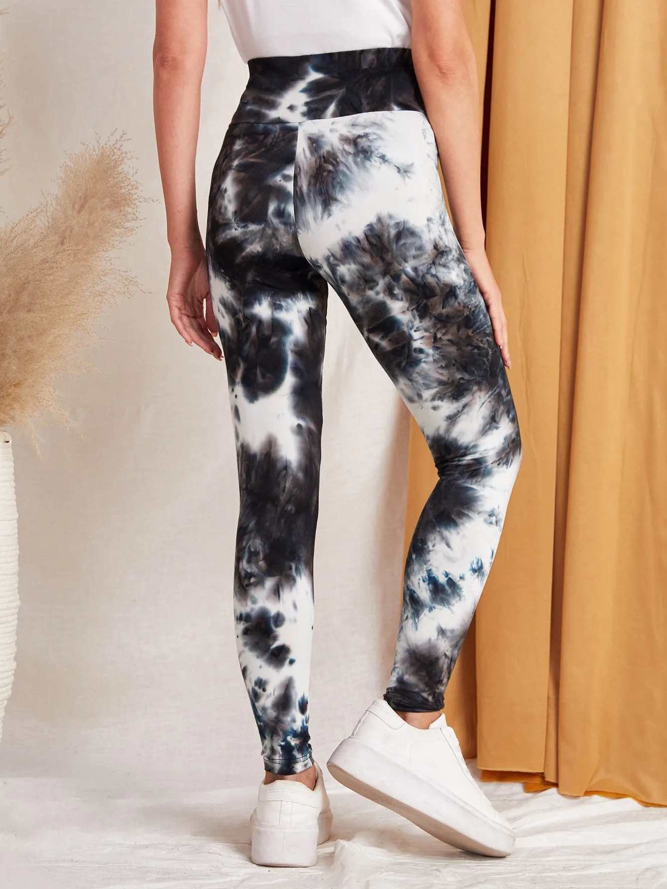 Black White Tie Dye Wideband Waist Leggings