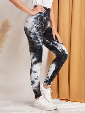 Black White Tie Dye Wideband Waist Leggings