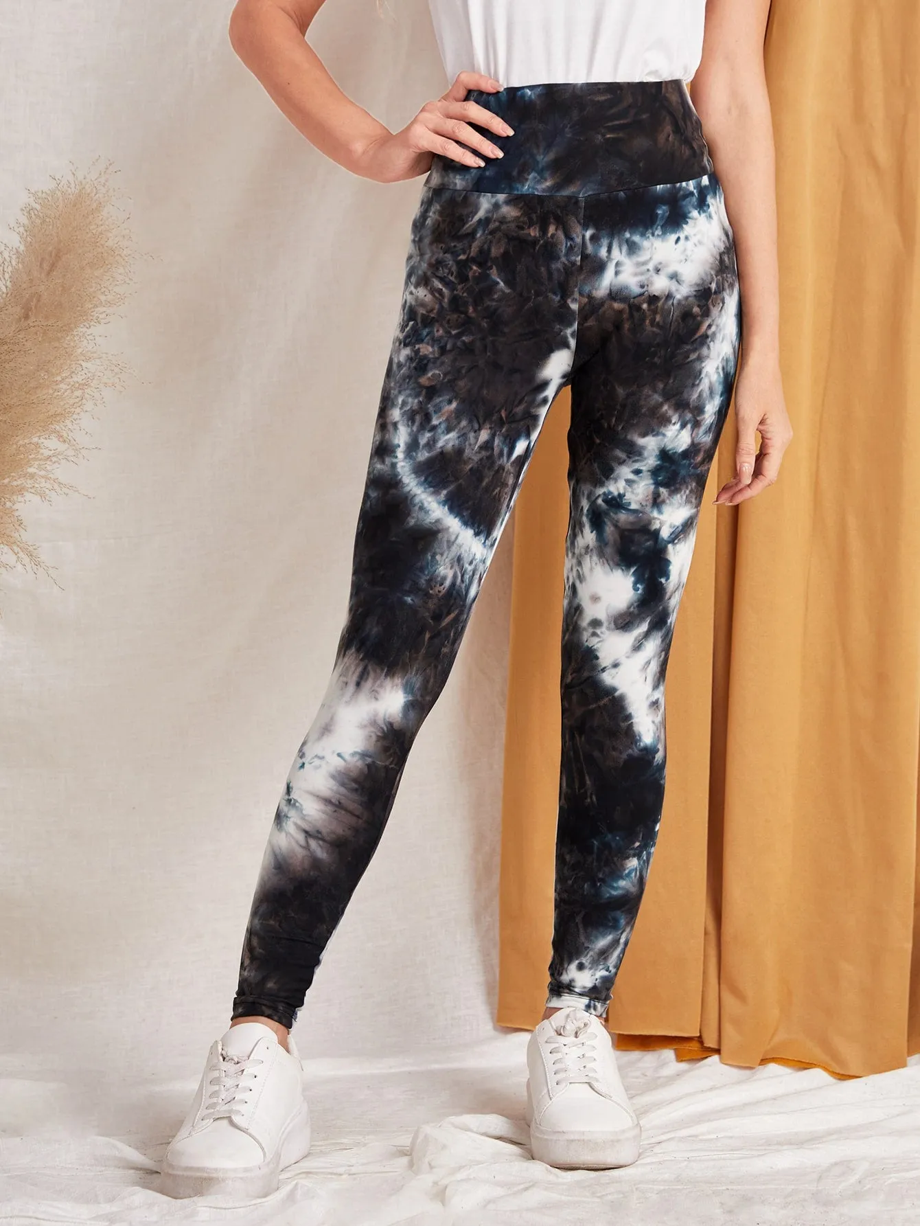 Black White Tie Dye Wideband Waist Leggings