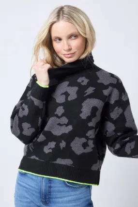 Black with Grey Mega Leopard Turtleneck Knitted Jumper