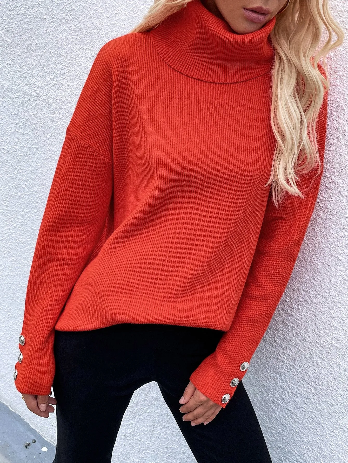 Blue Zone Planet |  Button Detail Rib-Knit Turtleneck Sweater