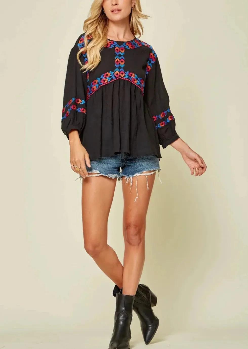 Boho Embroidered Lightweight Black Top