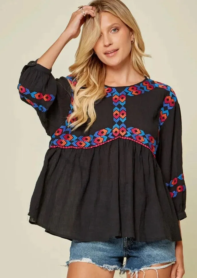 Boho Embroidered Lightweight Black Top