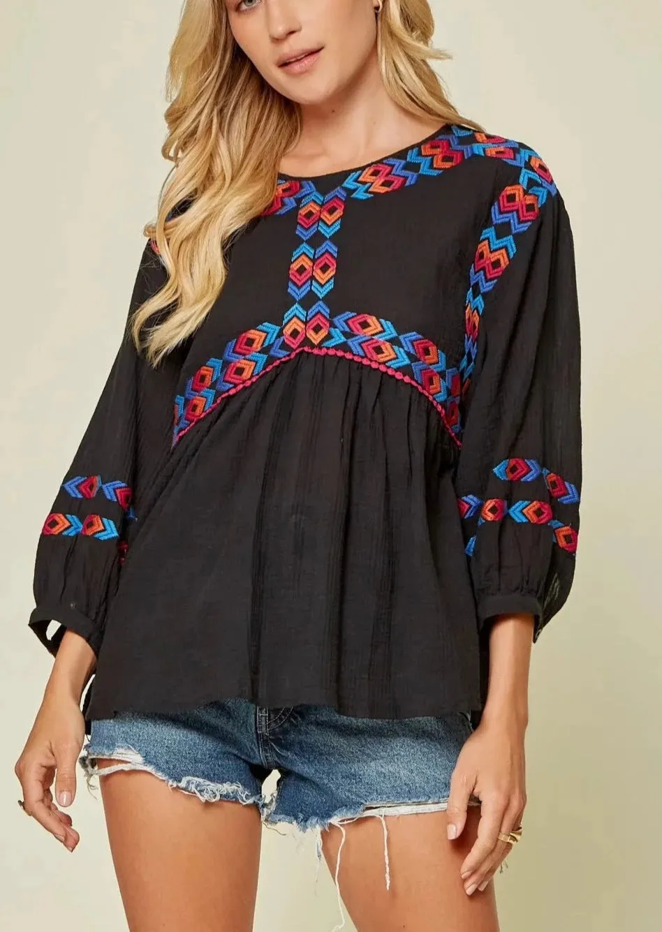 Boho Embroidered Lightweight Black Top