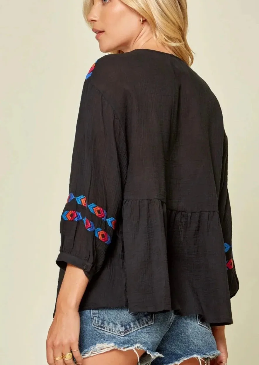 Boho Embroidered Lightweight Black Top