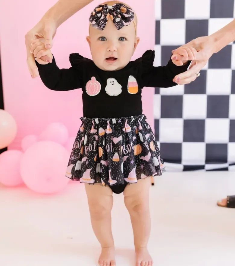 Boo Halloween Long Sleeve Tutu Bodysuit