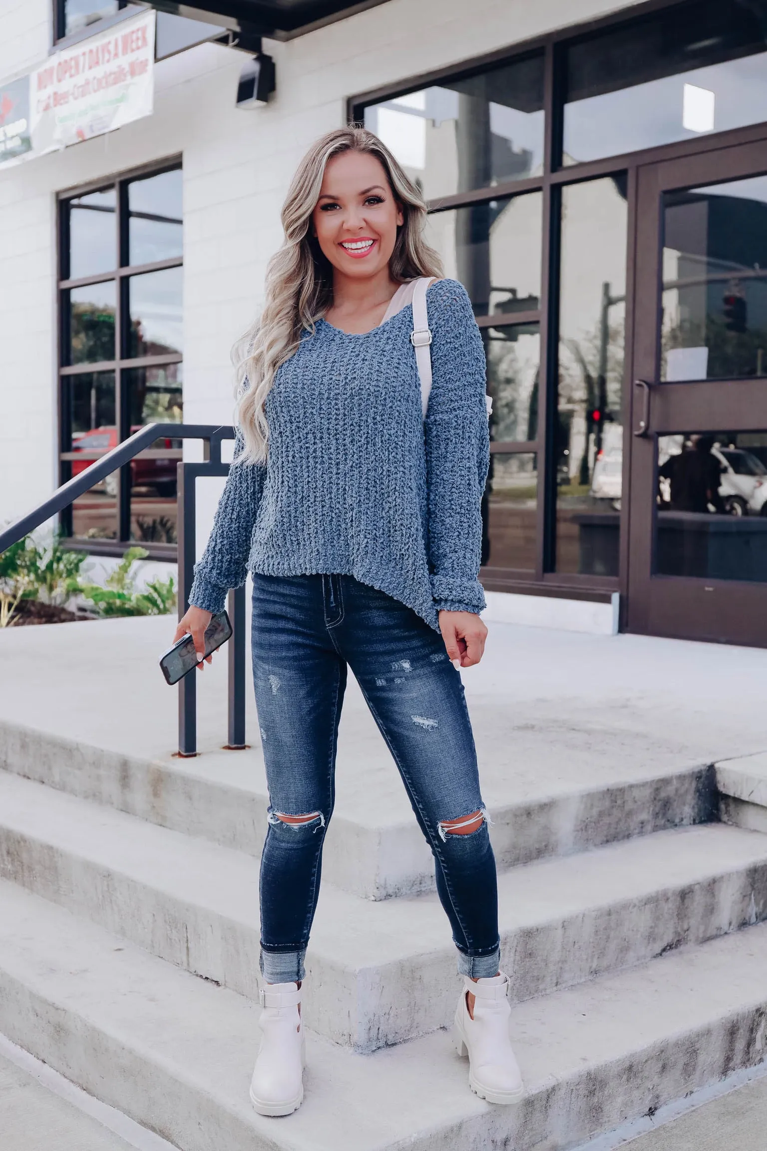 Brinley Popcorn Knit Sweater - Blue