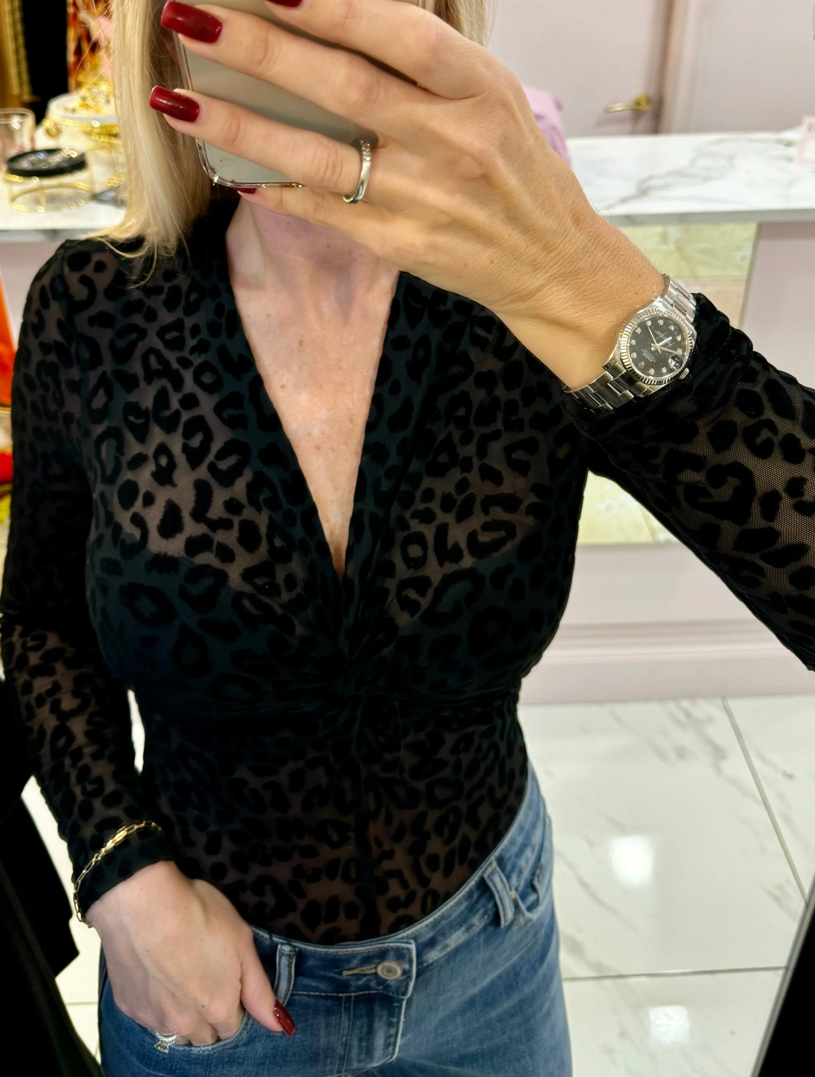 Brogan Leopard Print Velvet Long Sleeve Bodysuit