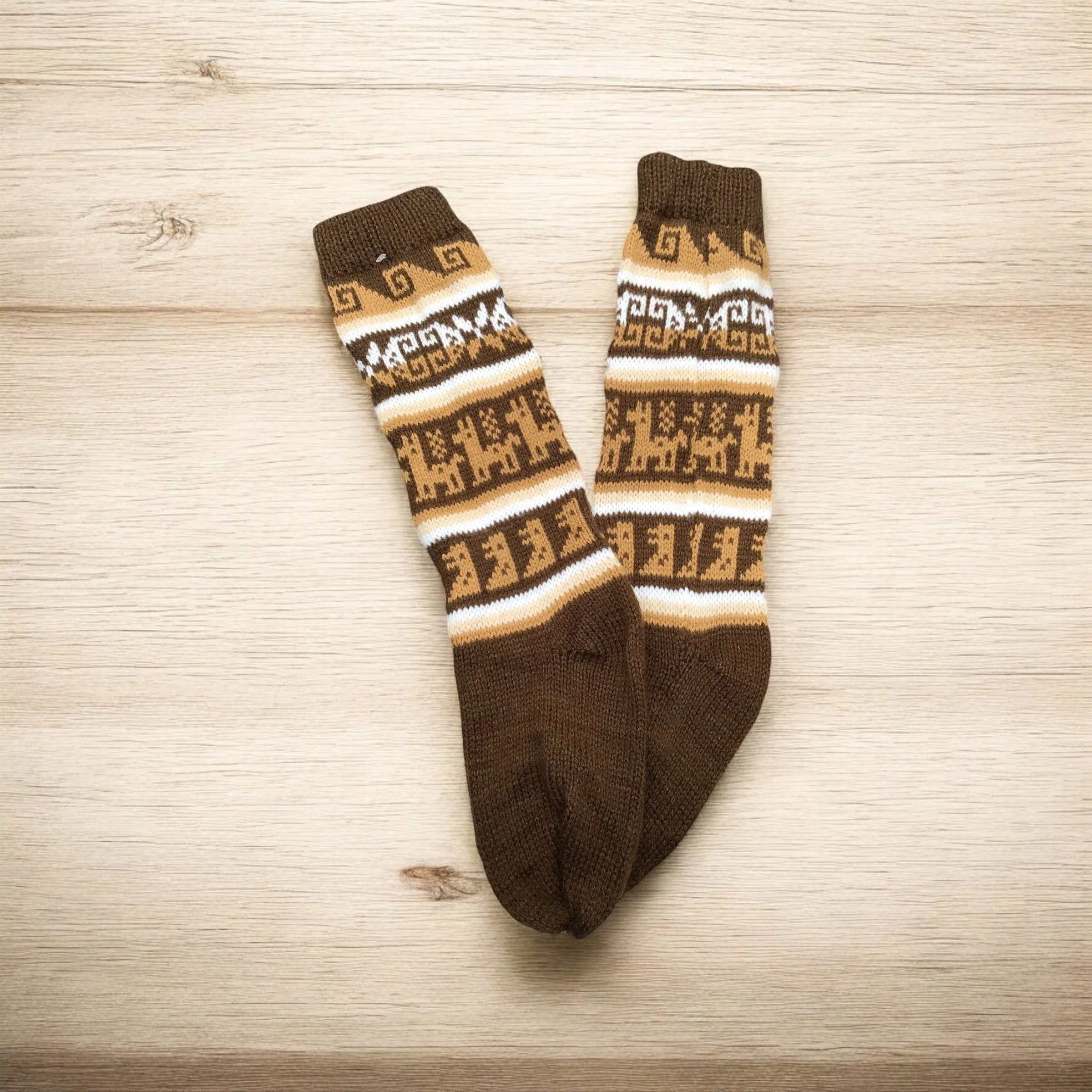 Brown and White Alpaca Wool Socks