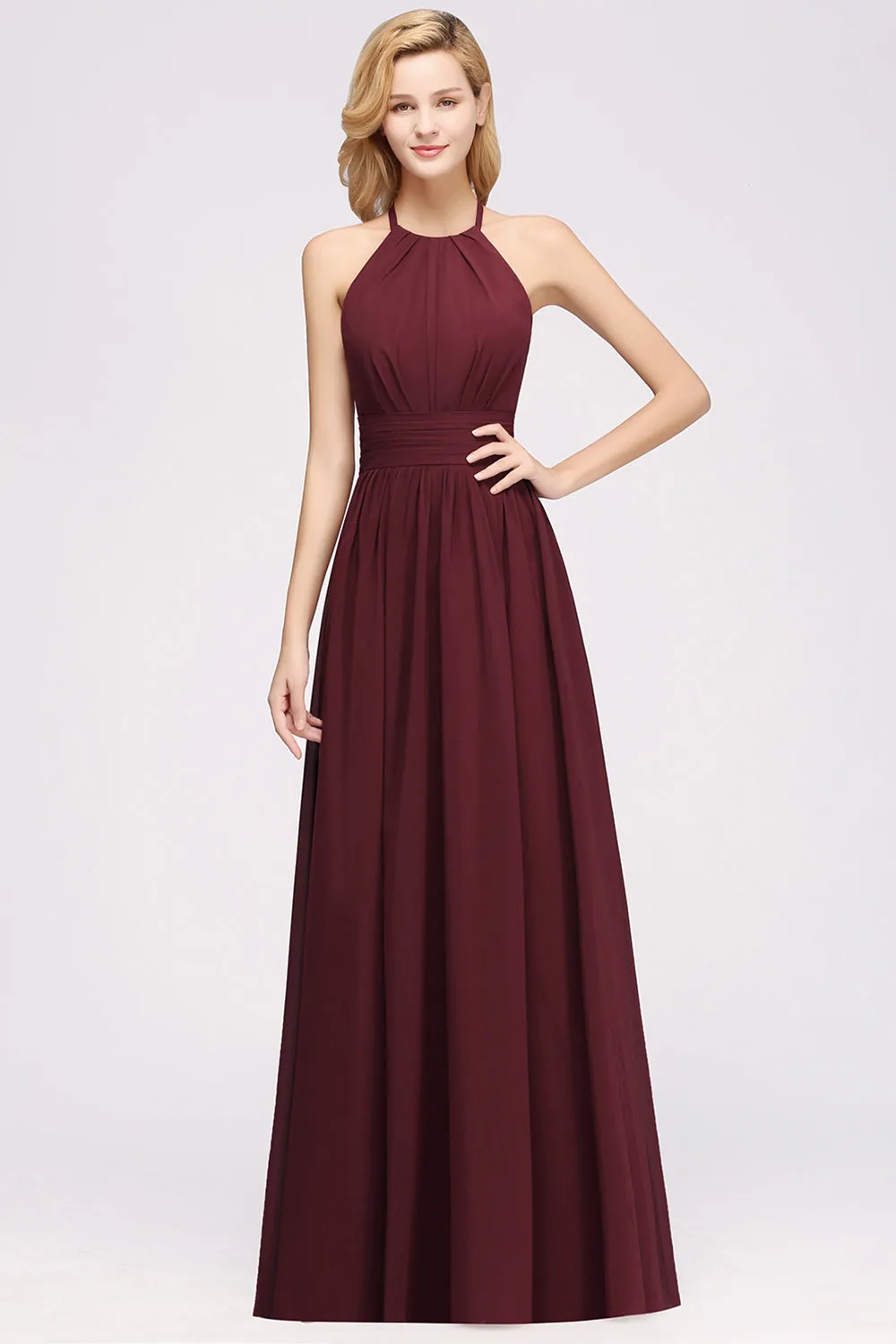 Burgundy Long A-line Chiffon Halter Bridesmaid Dresses with Ruffles