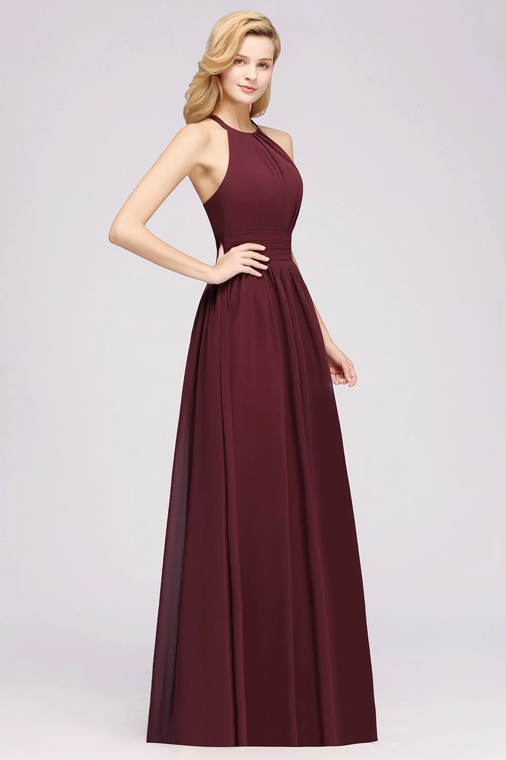 Burgundy Long A-line Chiffon Halter Bridesmaid Dresses with Ruffles