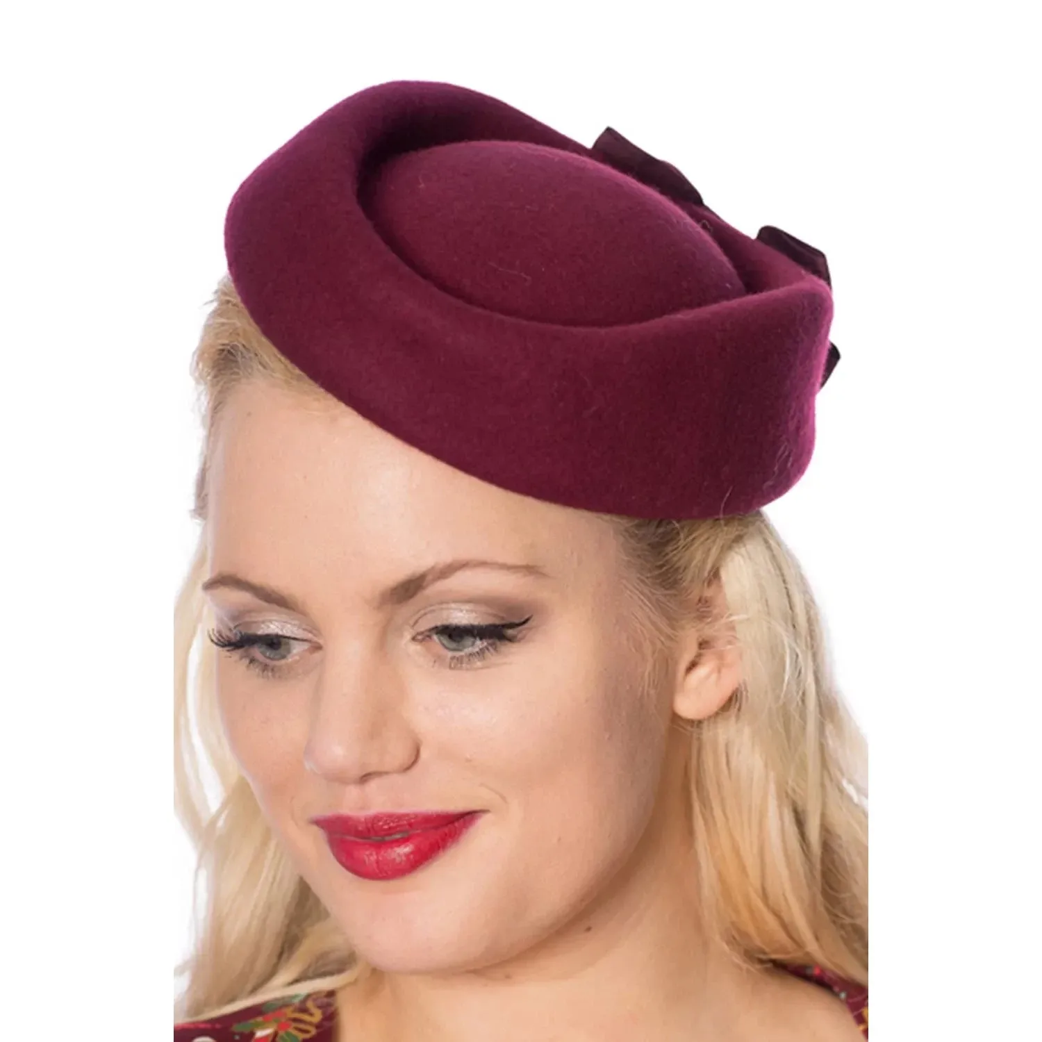 Burgundy Wool Fascinator Hat with Long Ribbon Detail