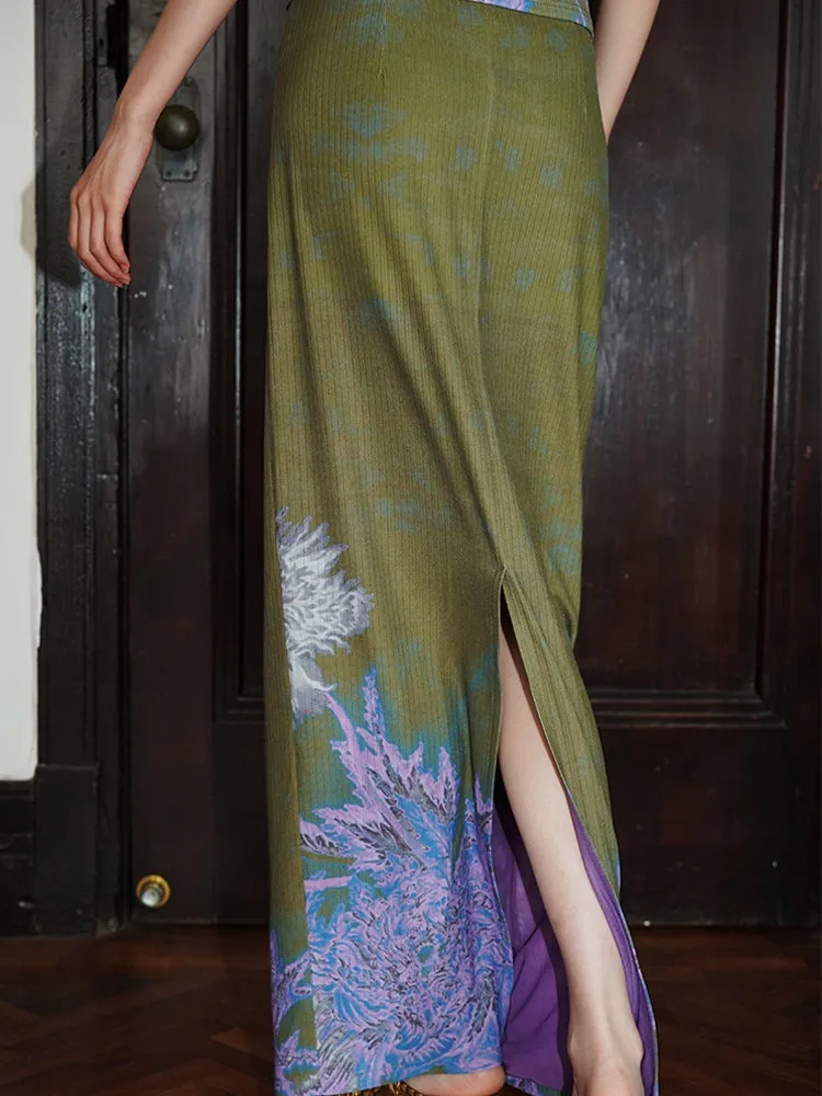 Burnt Flower Embroidery Print Long Skirt