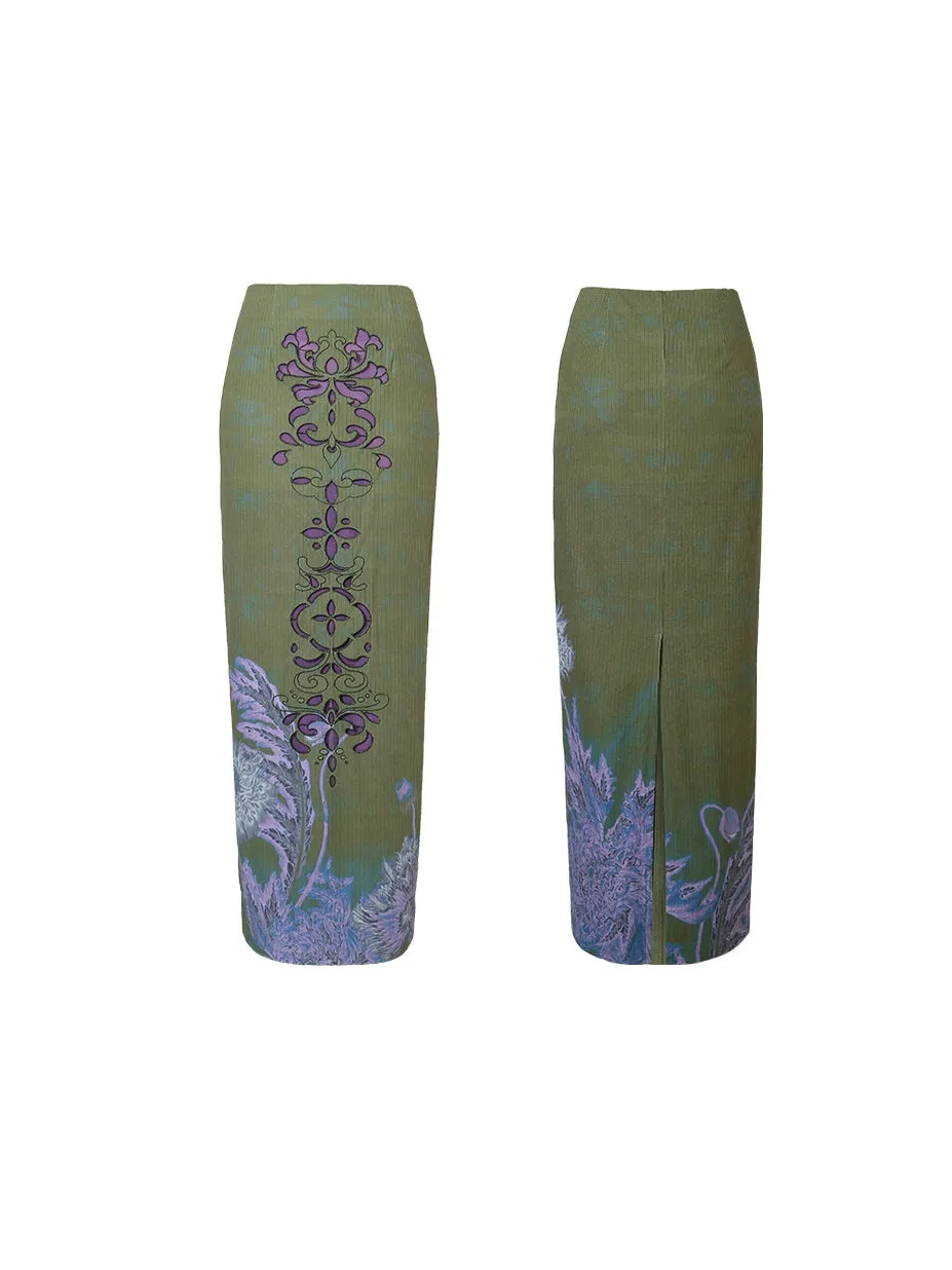 Burnt Flower Embroidery Print Long Skirt