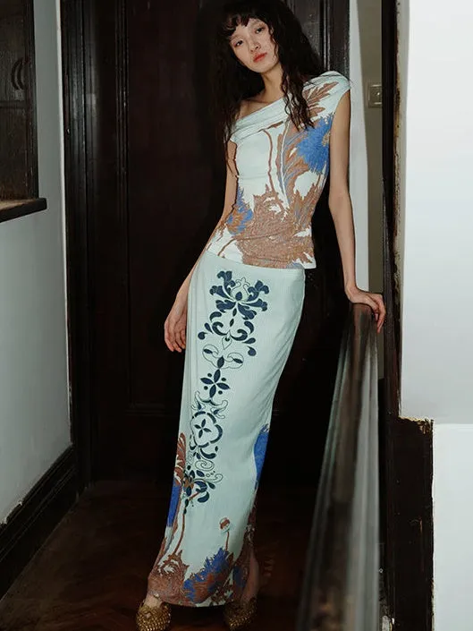 Burnt Flower Embroidery Print Long Skirt