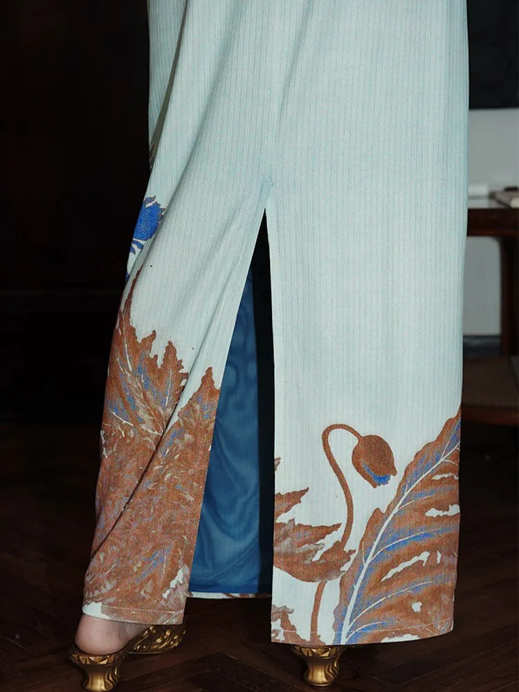 Burnt Flower Embroidery Print Long Skirt