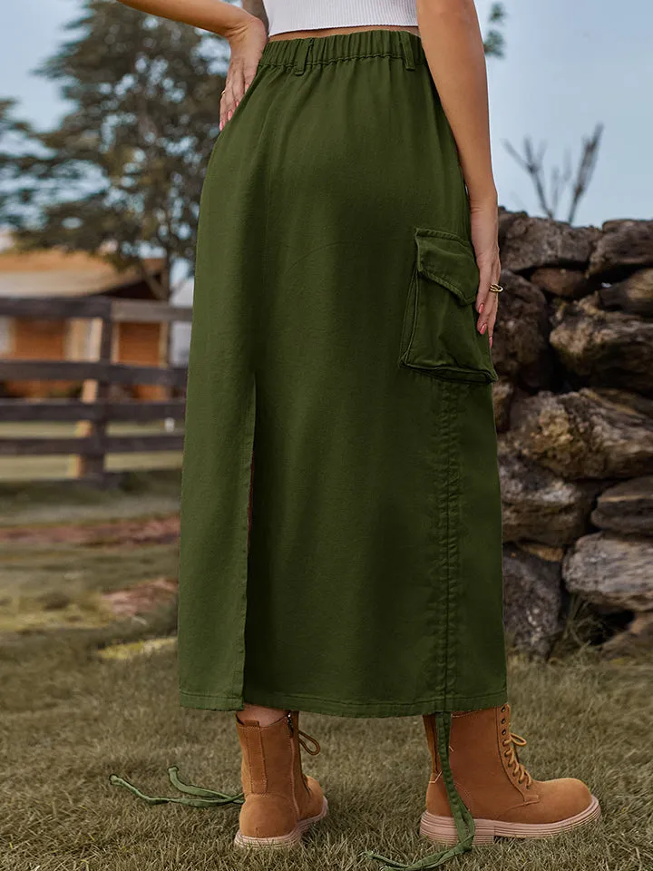 Cargo Maxi Skirt Drawstring Denim Skirt with Pockets