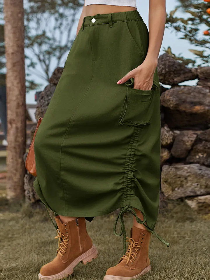 Cargo Maxi Skirt Drawstring Denim Skirt with Pockets