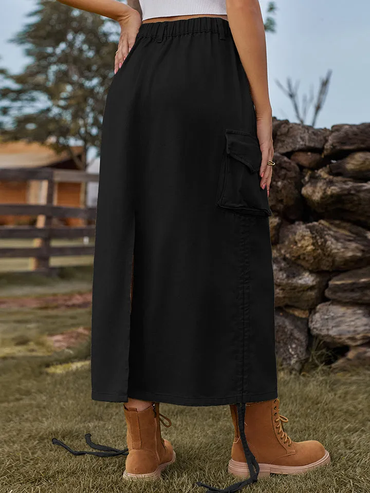 Cargo Maxi Skirt Drawstring Denim Skirt with Pockets